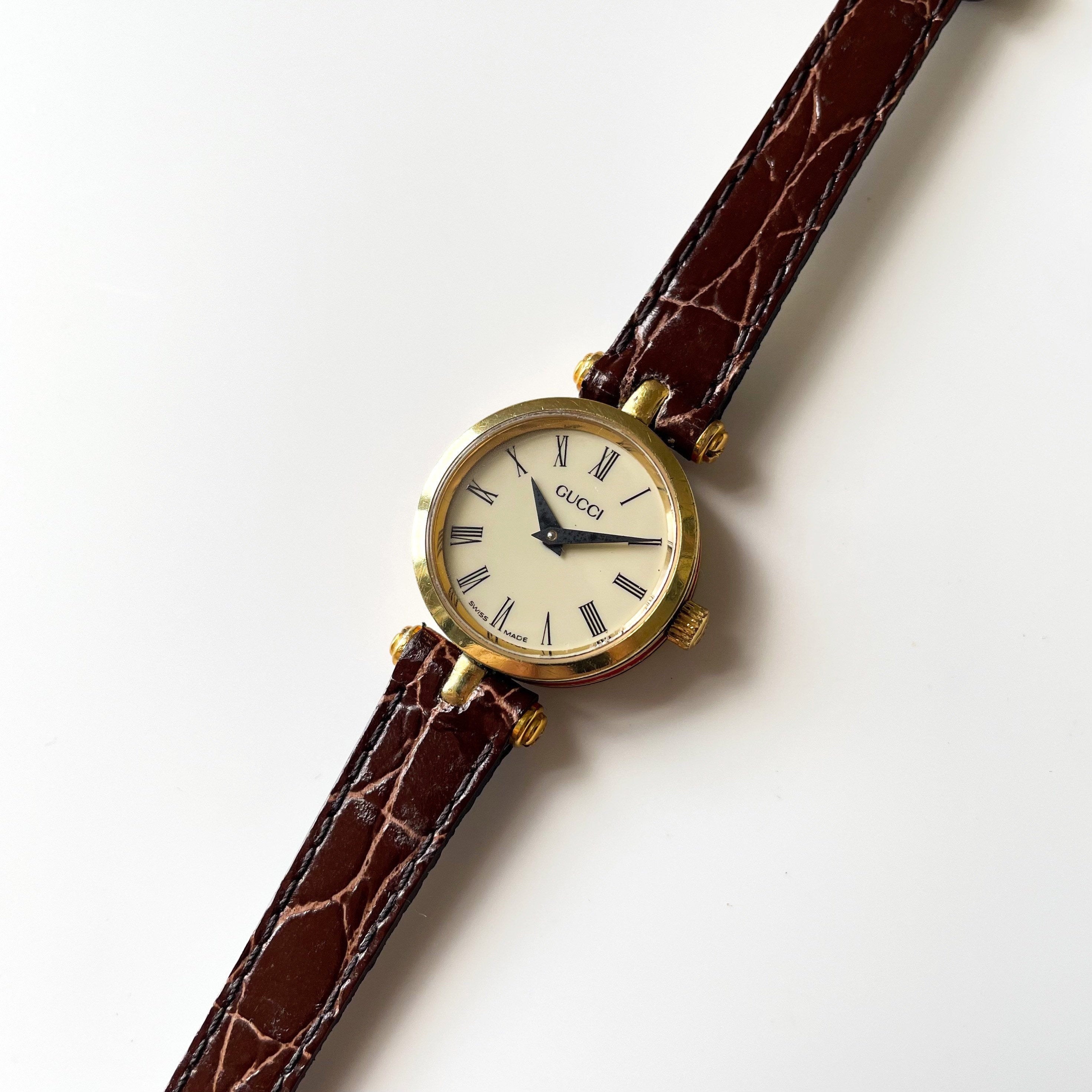 80s Gucci Stack Watch with Beige Dial and Brown Leather Strap