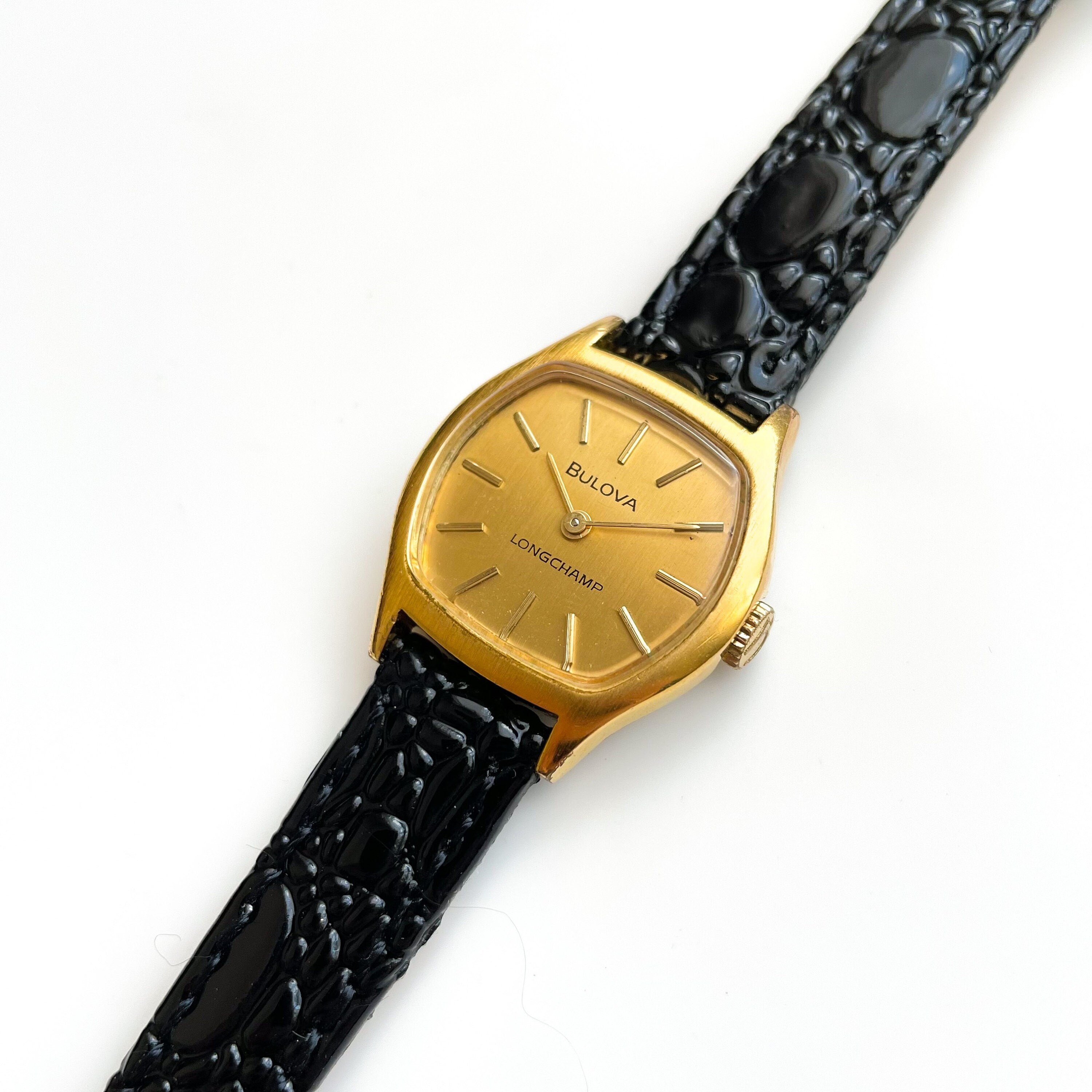 Vintage Ladies' Bulova Longchamp Mechanical Watch with Black Leather Strap