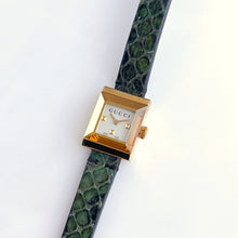 Load image into Gallery viewer, Boxed Gucci G Frame Watch with Square Mother of Pearl Dial and Double Green Leather Wristband
