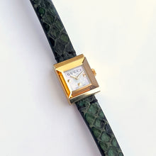 Load image into Gallery viewer, Boxed Gucci G Frame Watch with Square Mother of Pearl Dial and Double Green Leather Wristband
