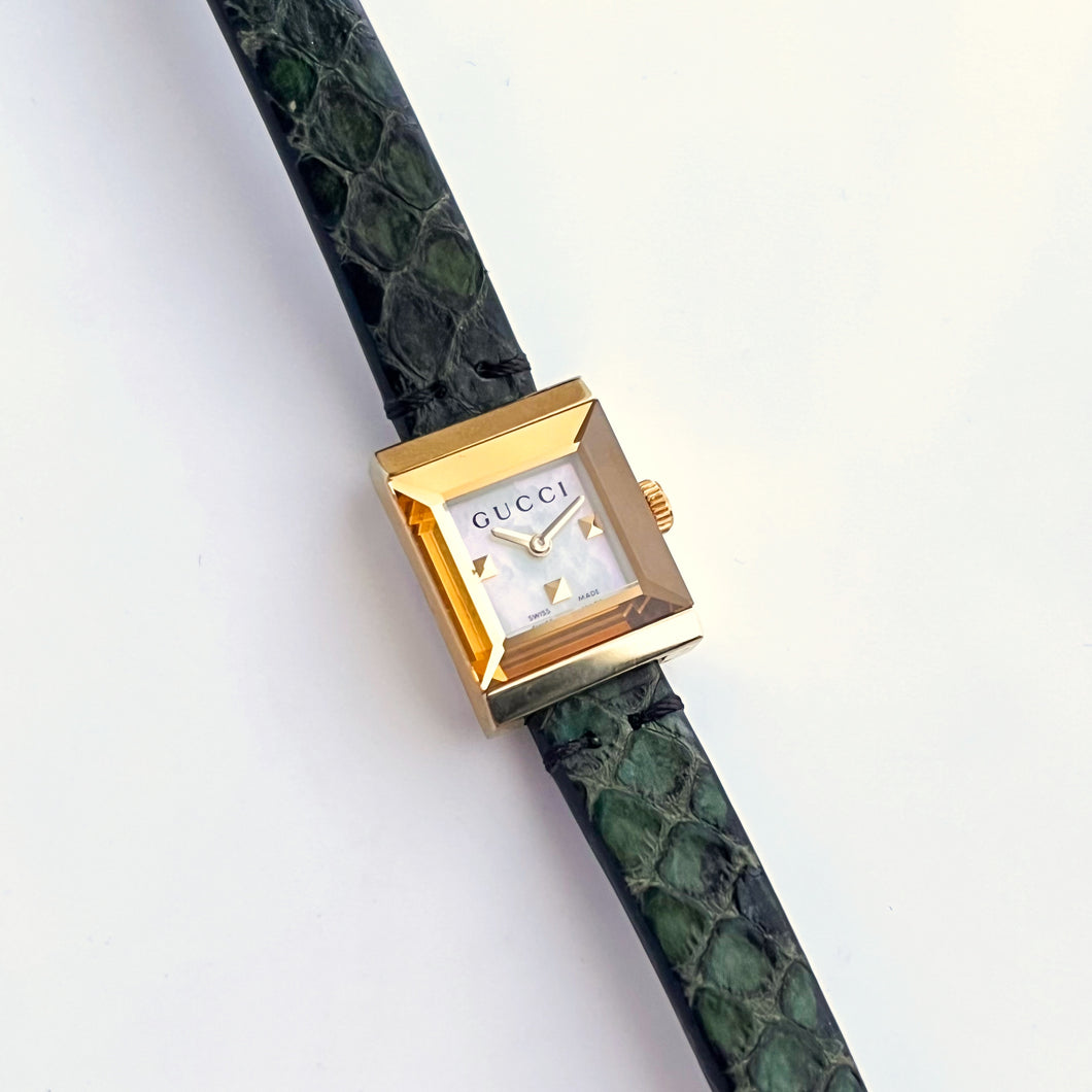 Boxed Gucci G Frame Watch with Square Mother of Pearl Dial and Double Green Leather Wristband