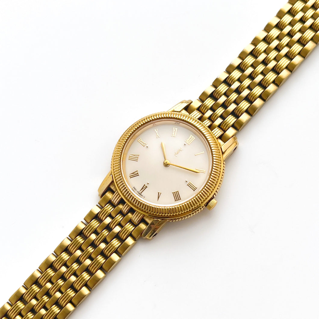 Vintage 90s Yves Saint Laurent Ladies' Quartz Watch with Gold-Plated Bracelet and White Dial