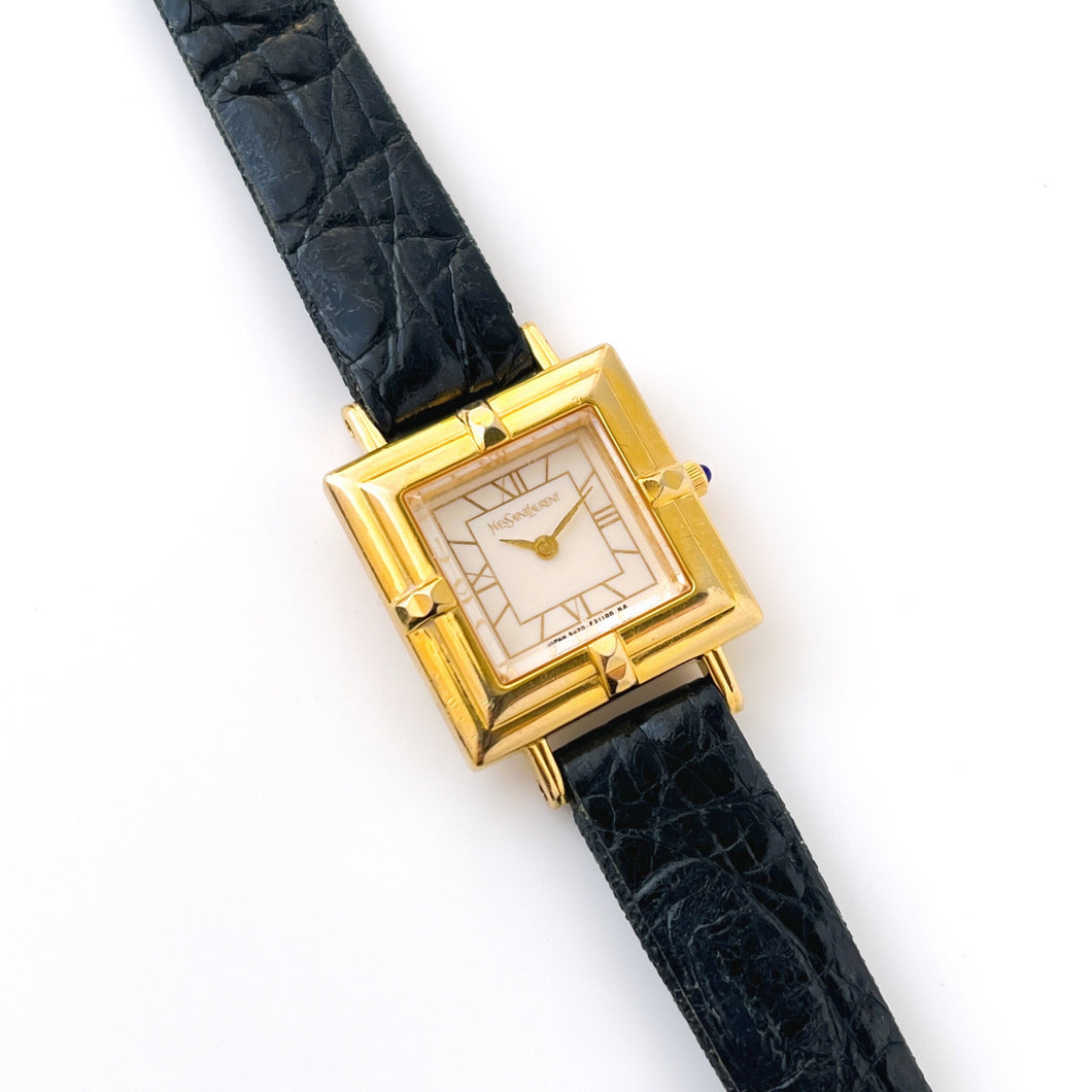 Vintage Gold-Plated Yves Saint Laurent Ladies' Tank-Style Quartz Watch with Black Leather Strap