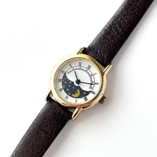 Load image into Gallery viewer, Vintage Sun &amp; Moon Phase Quartz Watch with Dark Brown Leather Strap
