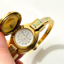 Load image into Gallery viewer, Vintage André Mouche Quartz Watch with Enamel Floral Design, Concealead Dial and Gold-Plated Bangle Bracelet
