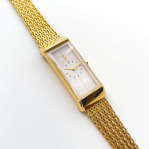 Vintage 90s Yves Saint Laurent Ladies' Quartz Watch with Gold-Plated Bracelet and White Dial