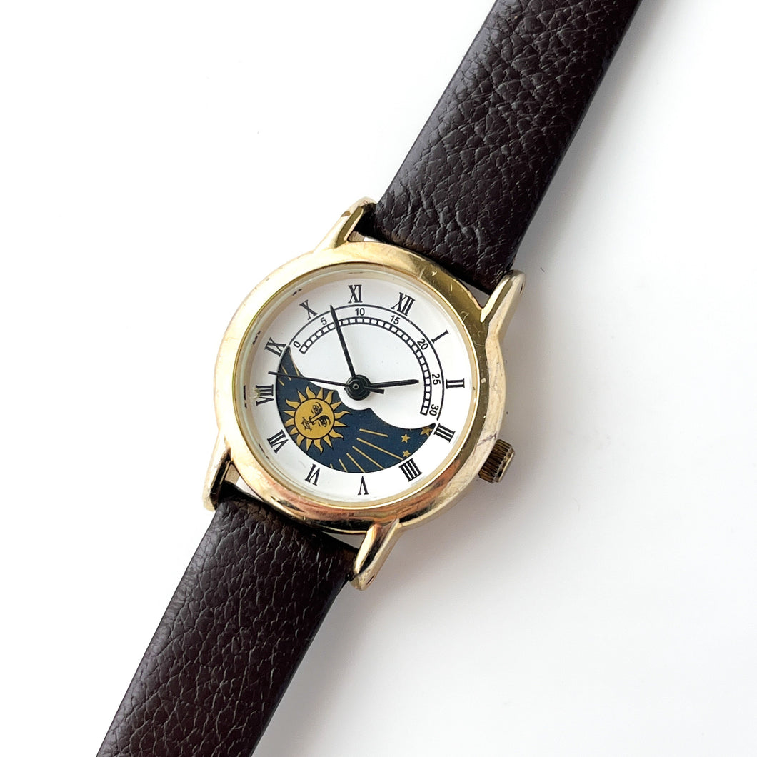 Vintage Sun & Moon Phase Quartz Watch with Dark Brown Leather Strap