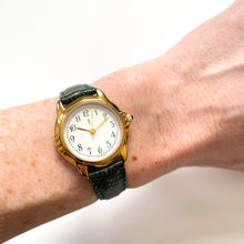 Load image into Gallery viewer, Vintage Yves Saint Laurent Gold-Plated Ladies&#39; Quartz Watch with Dark Green Leather Strap
