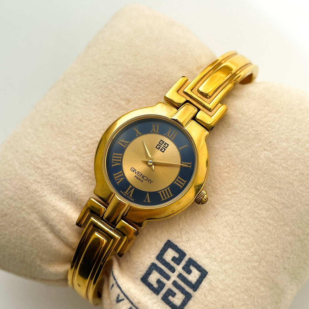 Vintage 1990s Gold-Plated Ladies' Givenchy Bangle Quartz Watch with Blue and Gold Dial