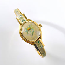 Load image into Gallery viewer, Vintage André Mouche Quartz Watch with Enamel Floral Design, Concealead Dial and Gold-Plated Bangle Bracelet
