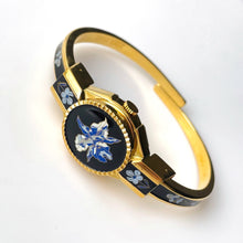 Load image into Gallery viewer, Vintage André Mouche Quartz Watch with Black Enamel Floral Design, Concealead Dial and Gold-Plated Bangle Bracelet
