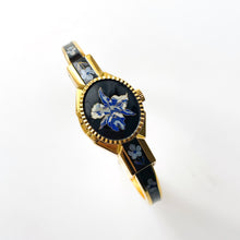 Load image into Gallery viewer, Vintage André Mouche Quartz Watch with Black Enamel Floral Design, Concealead Dial and Gold-Plated Bangle Bracelet
