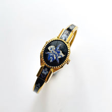 Load image into Gallery viewer, Vintage André Mouche Quartz Watch with Black Enamel Floral Design, Concealead Dial and Gold-Plated Bangle Bracelet
