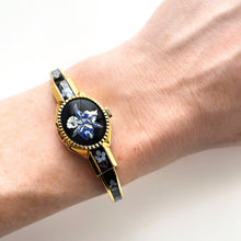 Load image into Gallery viewer, Vintage André Mouche Quartz Watch with Black Enamel Floral Design, Concealead Dial and Gold-Plated Bangle Bracelet
