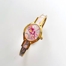 Load image into Gallery viewer, Vintage André Mouche Quartz Watch with White &amp; Pink Enamel Floral Design, Concealead Dial and Gold-Plated Bangle Bracelet
