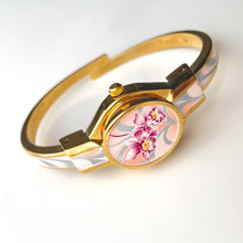 Load image into Gallery viewer, Vintage André Mouche Quartz Watch with White &amp; Pink Enamel Floral Design, Concealead Dial and Gold-Plated Bangle Bracelet
