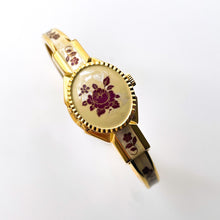 Load image into Gallery viewer, Vintage André Mouche Quartz Watch with Navy Enamel Floral Design, Concealead Dial and Gold-Plated Bangle Bracelet
