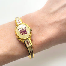 Load image into Gallery viewer, Vintage André Mouche Quartz Watch with Navy Enamel Floral Design, Concealead Dial and Gold-Plated Bangle Bracelet
