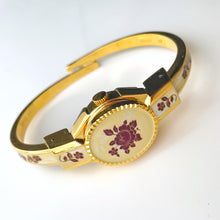 Load image into Gallery viewer, Vintage André Mouche Quartz Watch with Navy Enamel Floral Design, Concealead Dial and Gold-Plated Bangle Bracelet
