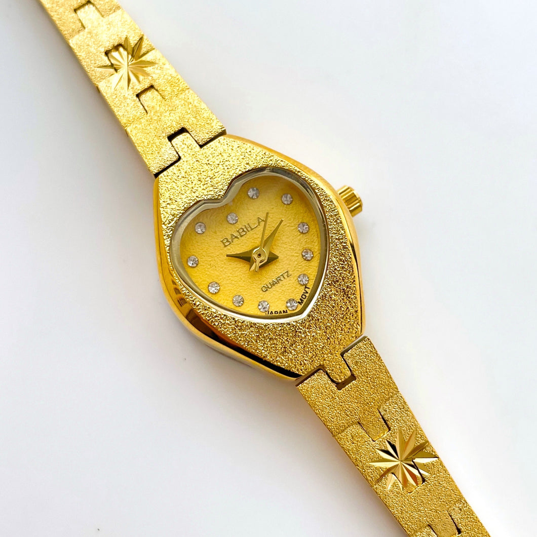 Retro Ladies Gold-Plated Quartz Watch with Heart Shaped Dial