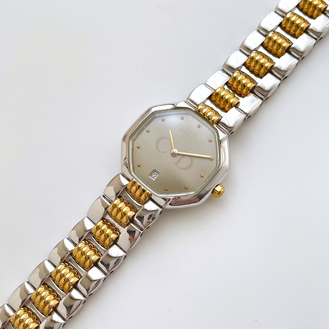 Vintage Two-Tone Christian Dior Ladies' Quartz Watch with Grey Octagon Dial