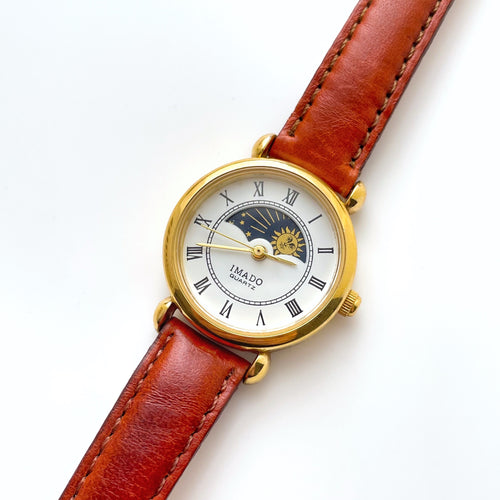 Vintage 90s Ladies' Imado Sun & Moon Phase Quartz Watch with Brown Leather Strap