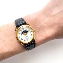 Load image into Gallery viewer, Vintage Constant Sun &amp; Moon Phase Quartz Watch with Black Leather Strap
