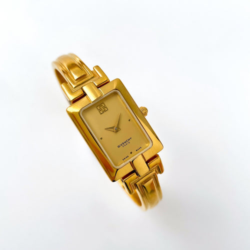 Vintage 1990s Gold-Plated Ladies' Givenchy Bangle Quartz Watch with Rectangular Dial