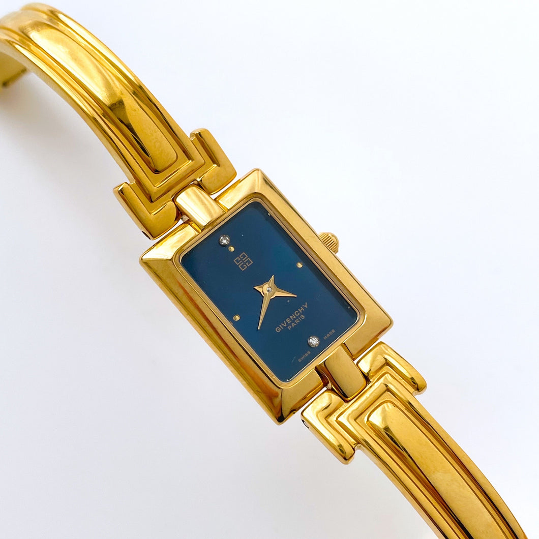 Vintage 1990s Gold-Plated Ladies' Givenchy Bangle Watch with Blue Dial and Quartz Movement