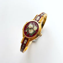 Load image into Gallery viewer, Vintage André Mouche Quartz Watch with Burgundy Enamel Floral Design, Concealead Dial and Gold-Plated Bangle Bracelet
