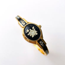 Load image into Gallery viewer, Vintage André Mouche Quartz Watch with Black Enamel Floral Design, Concealead Dial and Gold-Plated Bangle Bracelet
