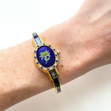 Load image into Gallery viewer, Vintage André Mouche Crystal-Set Quartz Watch with Green and Navy Enamel Floral Design, Concealead Dial and Gold-Plated Bangle Bracelet
