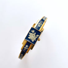 Load image into Gallery viewer, Vintage André Mouche Quartz Watch with Navy Enamel Floral Design, Concealead Dial and Gold-Plated Bangle Bracelet
