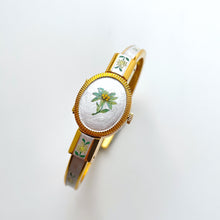 Load image into Gallery viewer, Vintage André Mouche Quartz Watch with Enamel Floral Design, Concealead Dial and Gold-Plated Bangle Bracelet
