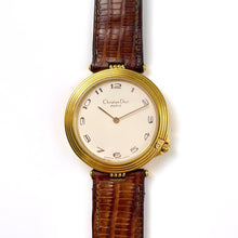 Load image into Gallery viewer, Vintage Christian Dior Gold-Plated Unisex Quartz Watch with Brown Leather Strap
