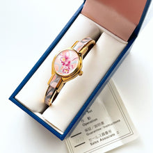 Load image into Gallery viewer, Vintage André Mouche Quartz Watch with White &amp; Pink Enamel Floral Design, Concealead Dial and Gold-Plated Bangle Bracelet
