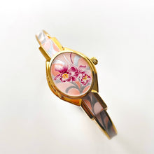 Load image into Gallery viewer, Vintage André Mouche Quartz Watch with White &amp; Pink Enamel Floral Design, Concealead Dial and Gold-Plated Bangle Bracelet
