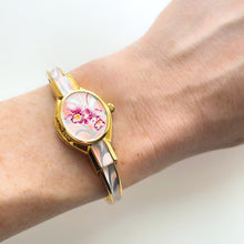 Load image into Gallery viewer, Vintage André Mouche Quartz Watch with White &amp; Pink Enamel Floral Design, Concealead Dial and Gold-Plated Bangle Bracelet
