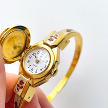 Load image into Gallery viewer, Vintage André Mouche Quartz Watch with Navy Enamel Floral Design, Concealead Dial and Gold-Plated Bangle Bracelet
