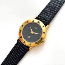 Load image into Gallery viewer, 90s Gold-Plated Gucci Quartz Watch with Black Leather Strap
