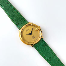 Load image into Gallery viewer, 90s Gold-Plated Ladies&#39; Gucci Quartz Watch with Green Leather Strap
