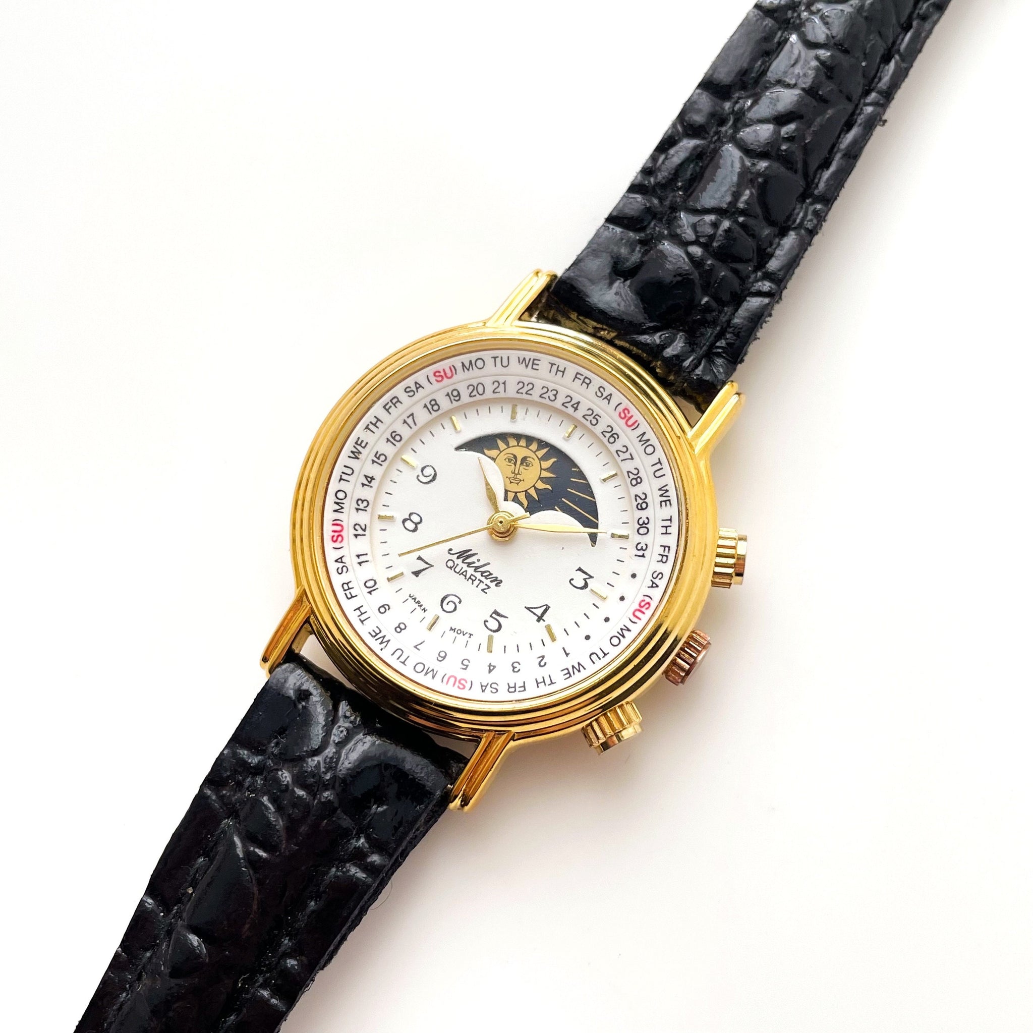 Vintage 90s Ladies Milan Sun Moon Phase Quartz Watch with Black Leather Strap