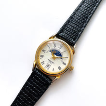 Load image into Gallery viewer, Vintage Constant Sun &amp; Moon Phase Quartz Watch with Black Leather Strap
