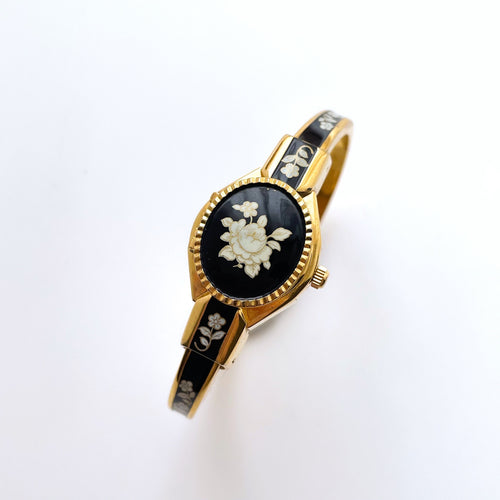 Vintage André Mouche Quartz Watch with Black Enamel Floral Design, Concealead Dial and Gold-Plated Bangle Bracelet