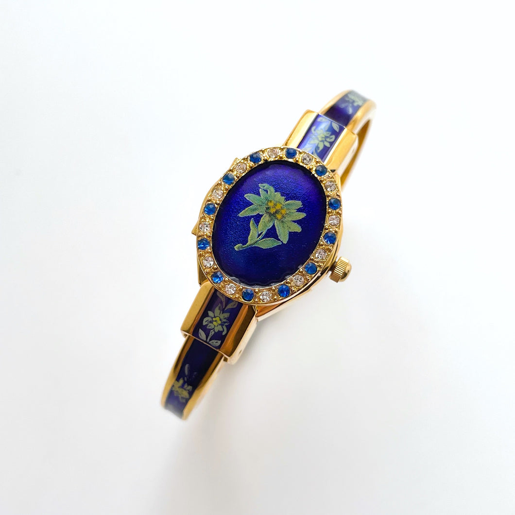 Vintage André Mouche Crystal-Set Quartz Watch with Green and Navy Enamel Floral Design, Concealead Dial and Gold-Plated Bangle Bracelet