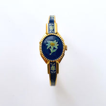 Load image into Gallery viewer, Vintage André Mouche Quartz Watch with Green and Navy Enamel Floral Design, Concealead Dial and Gold-Plated Bangle Bracelet
