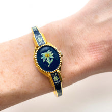 Load image into Gallery viewer, Vintage André Mouche Quartz Watch with Green and Navy Enamel Floral Design, Concealead Dial and Gold-Plated Bangle Bracelet
