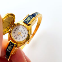 Load image into Gallery viewer, Vintage André Mouche Quartz Watch with Green and Navy Enamel Floral Design, Concealead Dial and Gold-Plated Bangle Bracelet
