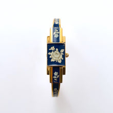 Load image into Gallery viewer, Vintage André Mouche Quartz Watch with Navy Enamel Floral Design, Concealead Dial and Gold-Plated Bangle Bracelet
