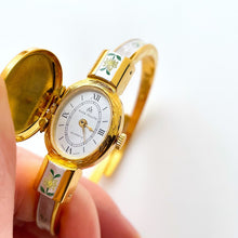 Load image into Gallery viewer, Vintage André Mouche Quartz Watch with Enamel Floral Design, Concealead Dial and Gold-Plated Bangle Bracelet
